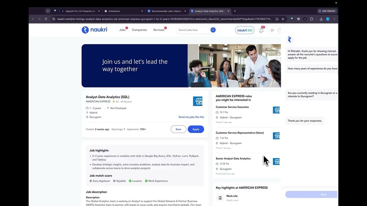 ApplyAI Pro assistant automating internal job applications on Naukri using AI